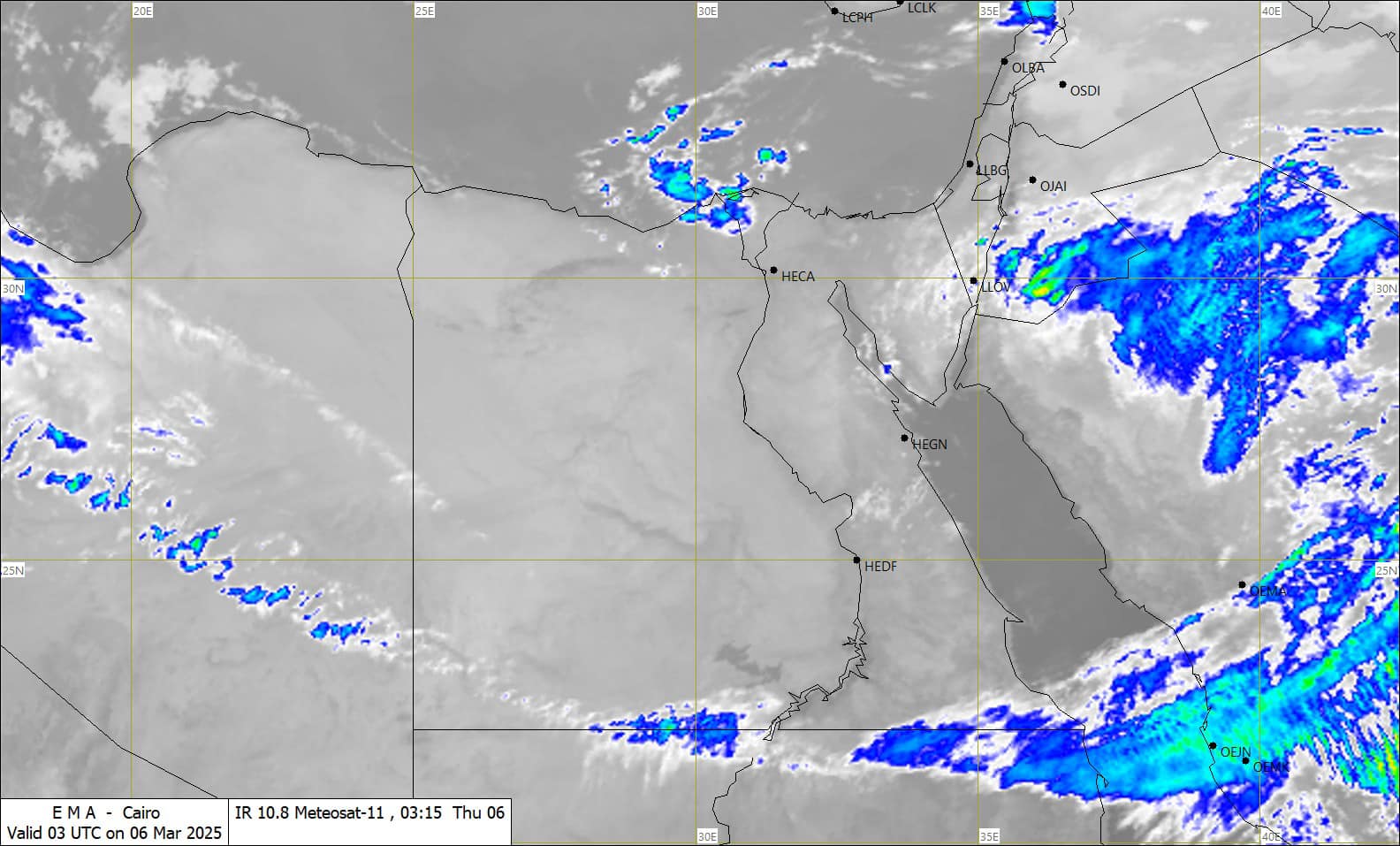 قد تكون صورة ‏‏خريطة‏ و‏تحتوي على النص '‏‎206 258 S0E ELK SE 40E OLIA OSDI OJAI HECA 25N HEDF EMA EM MA Valid 03 UTC Cairo IR 0.8 Meteosat-11, 03:15 Thu 06 06 Mar 2025 SSE‎‏'‏‏